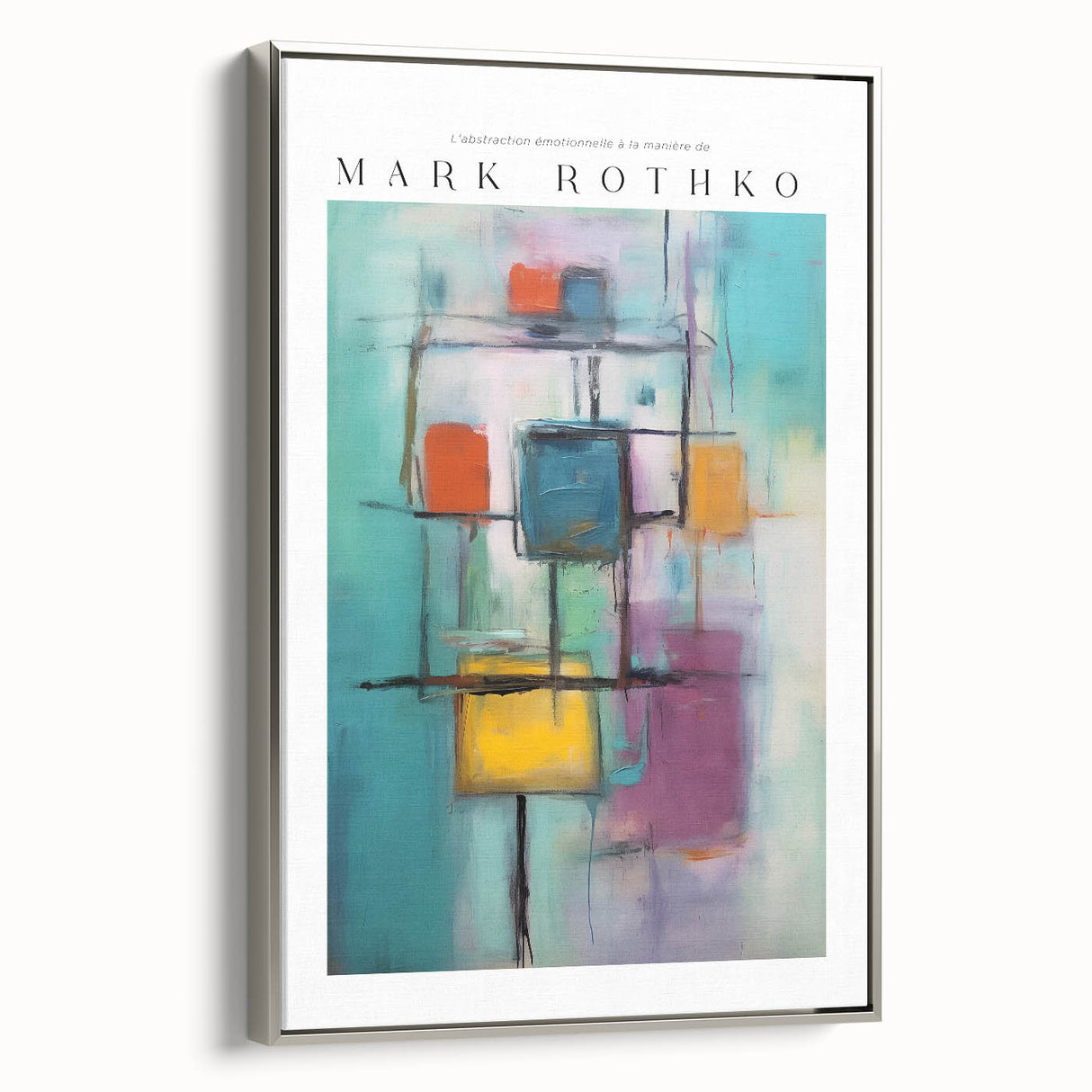 Landscape art painting featuring abstract blocks of color on a framed canvas, suitable for a contemporary living room.