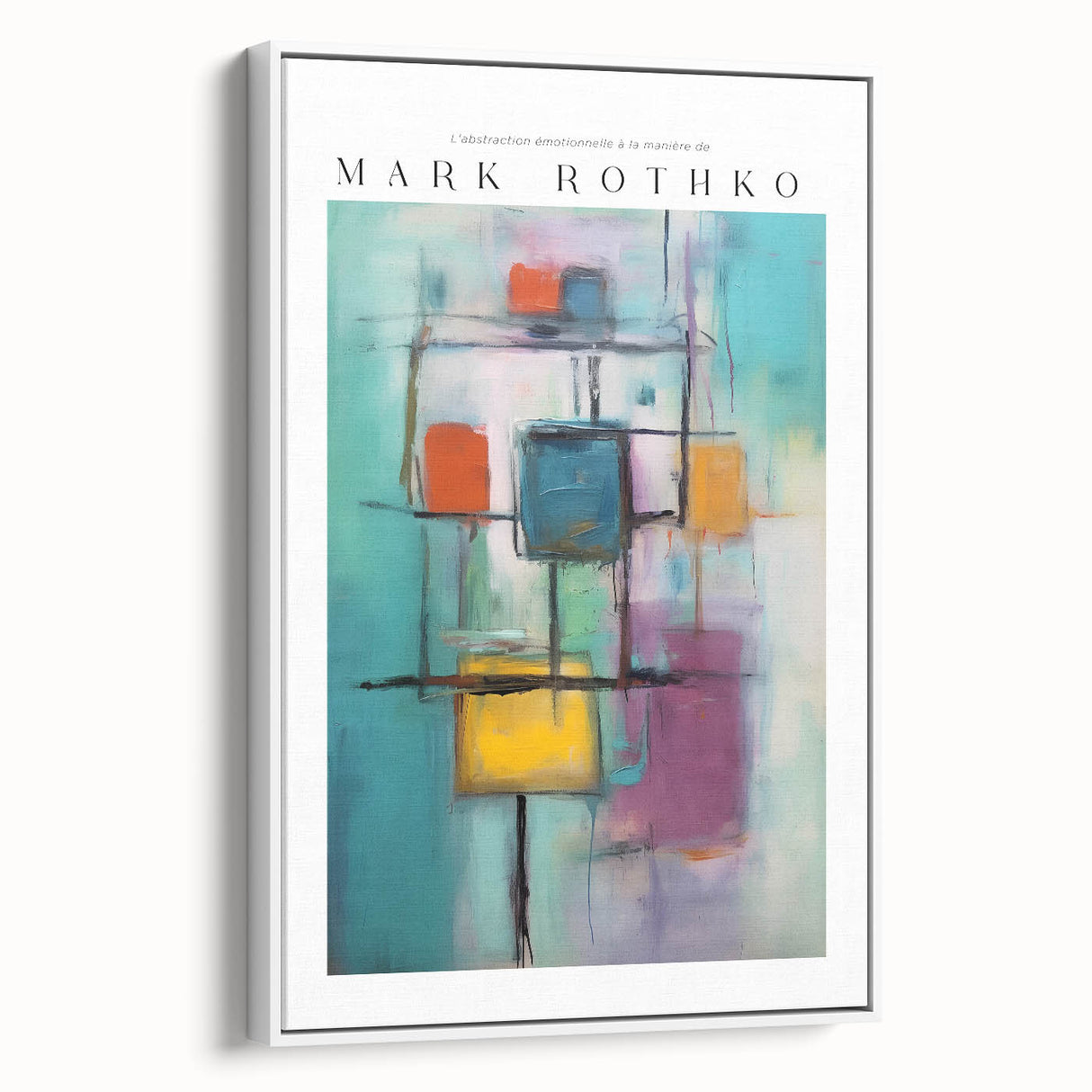 Vintage poster art featuring a large, abstract design in vibrant colors on a framed canvas, ideal for living room decor.