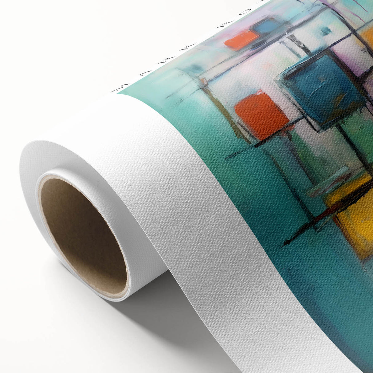 Art deco style poster depicting abstract shapes in muted blues and pinks on rolled canvas, ideal for nursery wall art.