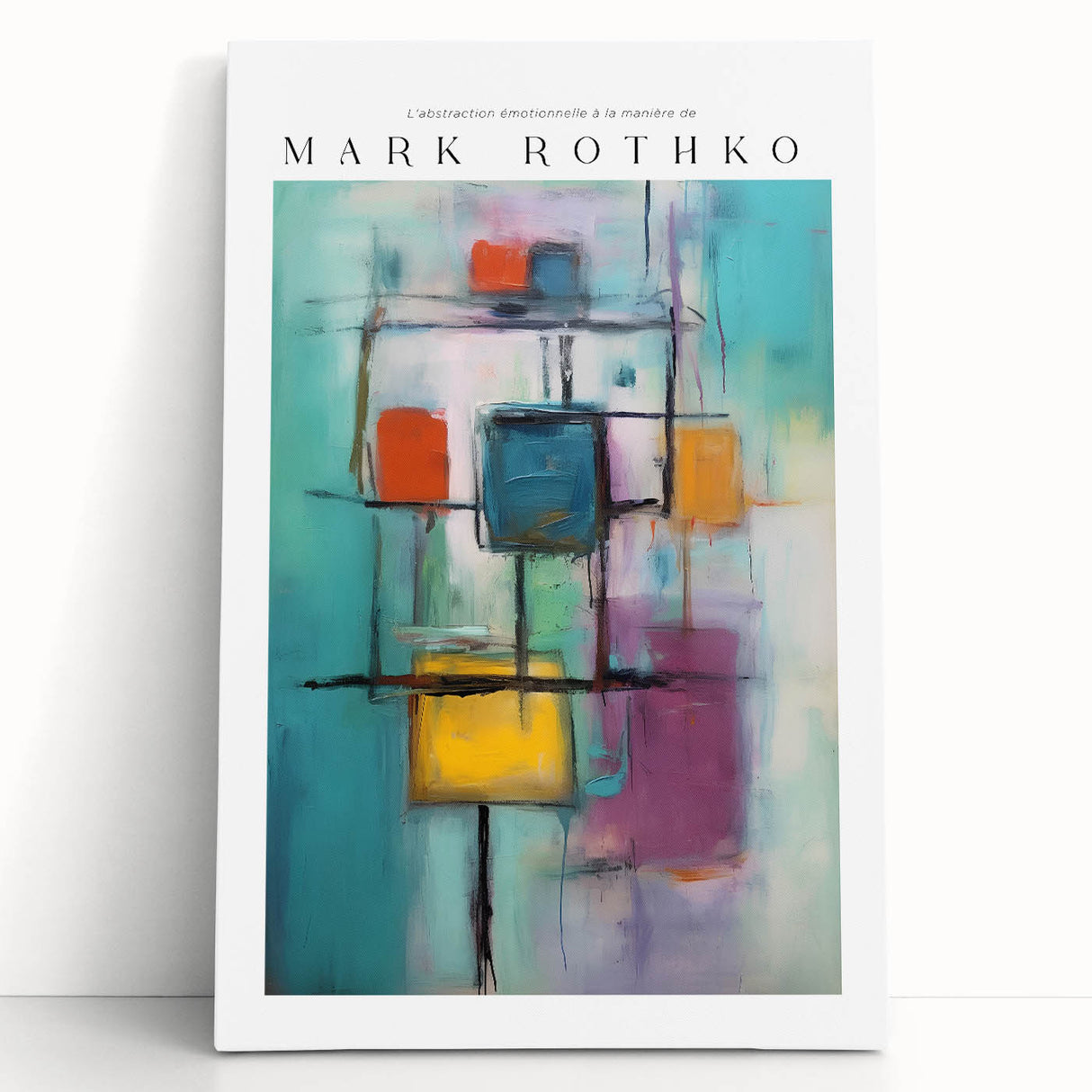 Black and white abstract design on stretched canvas, featuring Rothko-inspired blocks.