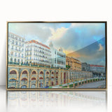 Mid-century modernist art depicting Algeria scenery in gold and green tones on a framed acrylic.