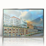 Art deco poster of Algerian scenery in silver framed acrylic, featuring muted earth tones.