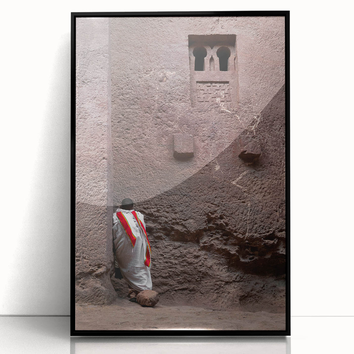 Large abstract wall art depicting Ethiopian scenery in muted earth tones on a framed acrylic.