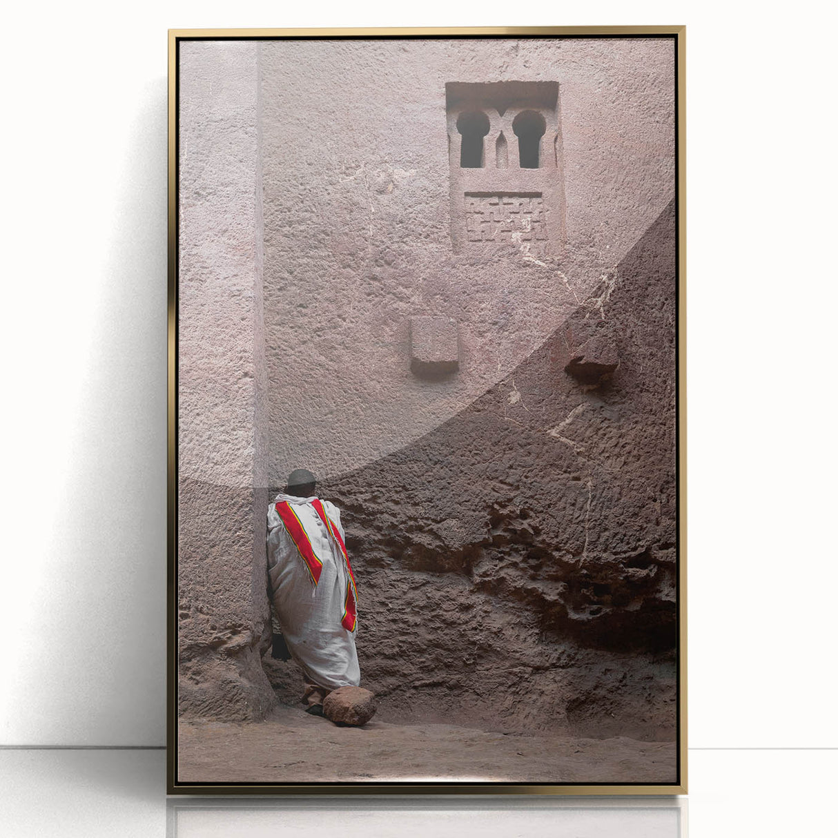 Mid-century modernist art depicting Ethiopian landscape in gold and green tones on framed acrylic.