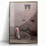 Mid-century modernist art depicting Ethiopian landscape in gold and green tones on framed acrylic.