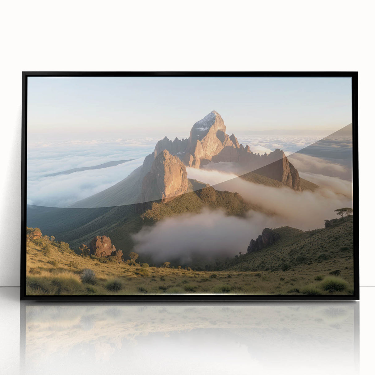 Large abstract wall art depicting African scenery in muted earth tones on a framed acrylic.