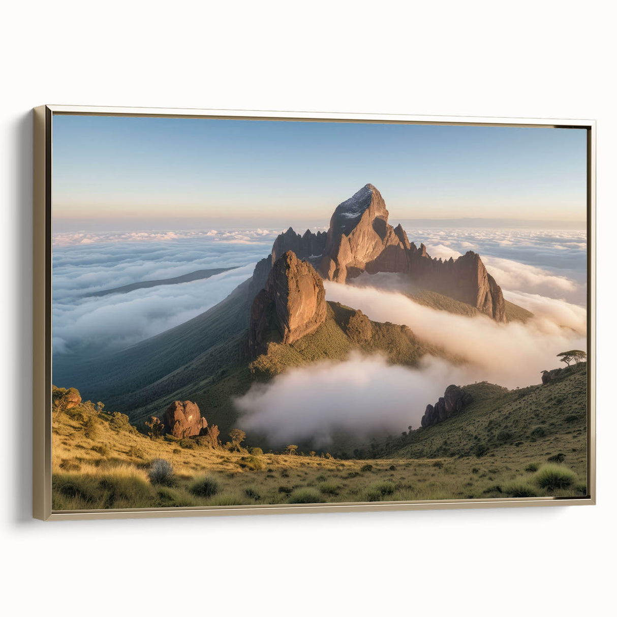 Framed canvas featuring a colorful Kenyan landscape with vibrant greenery and a golden sunset, ideal for living room decor.