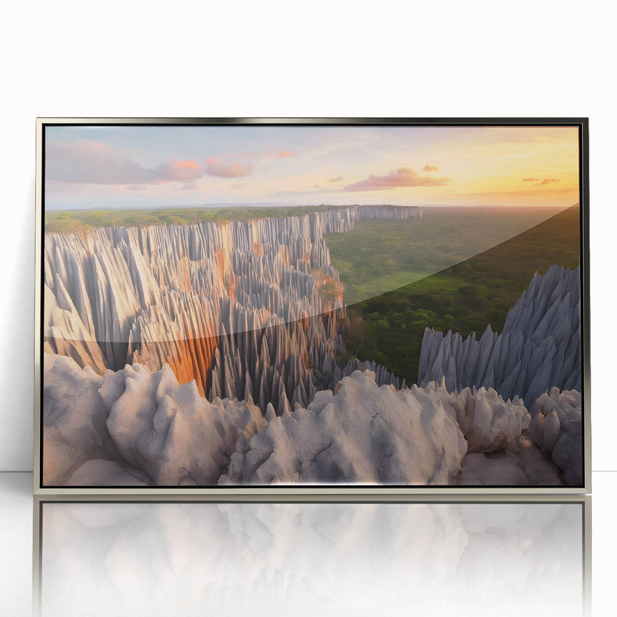 Art deco poster of Madagascar scenery in silver frame, acrylic print, ideal for modern nursery wall art.