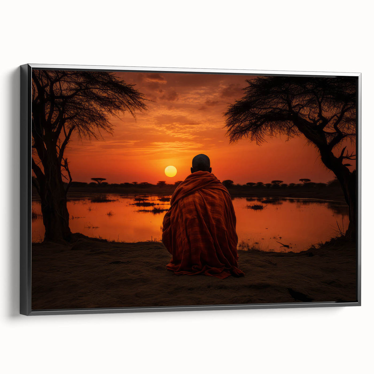 Black and white landscape art painting of African scenery on framed canvas, suitable for bedroom wall decor.