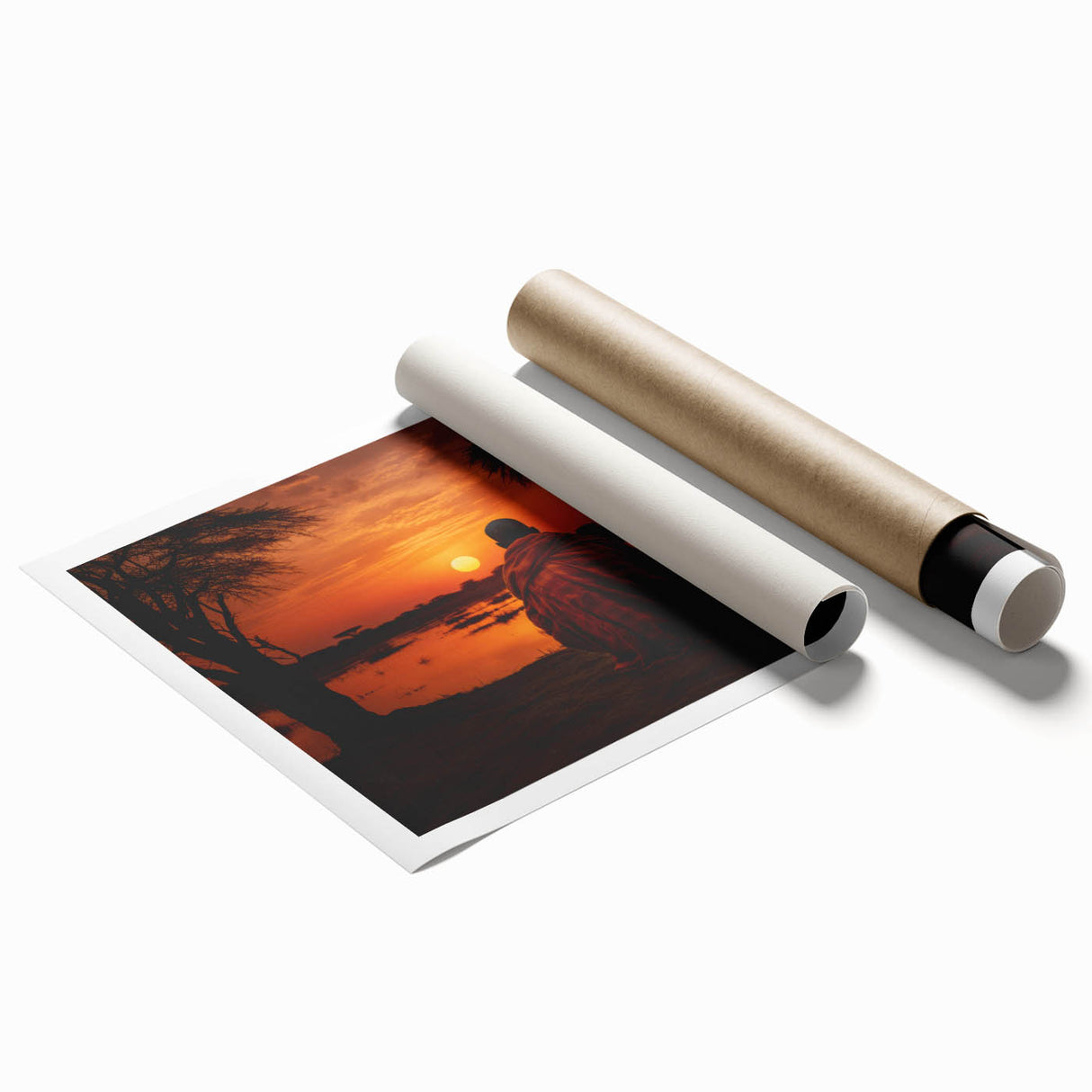 Extra large rolled print depicting a serene Mali landscape with muted earth tones, perfect for classy bathroom wall art.