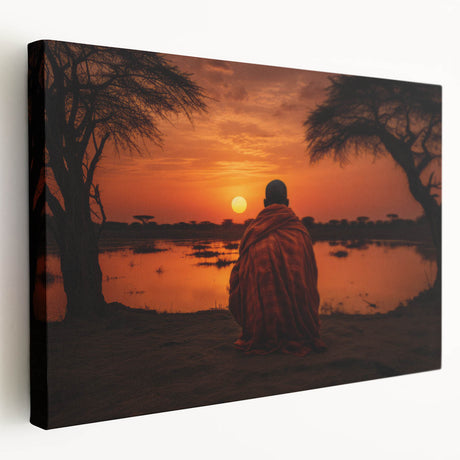Large art depicting a serene Mali landscape on stretched canvas, using earthy tones, ideal for kitchen wall art.