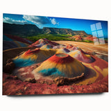 Large abstract depiction of a Mauritius landscape in vibrant blues and greens on acrylic glass.