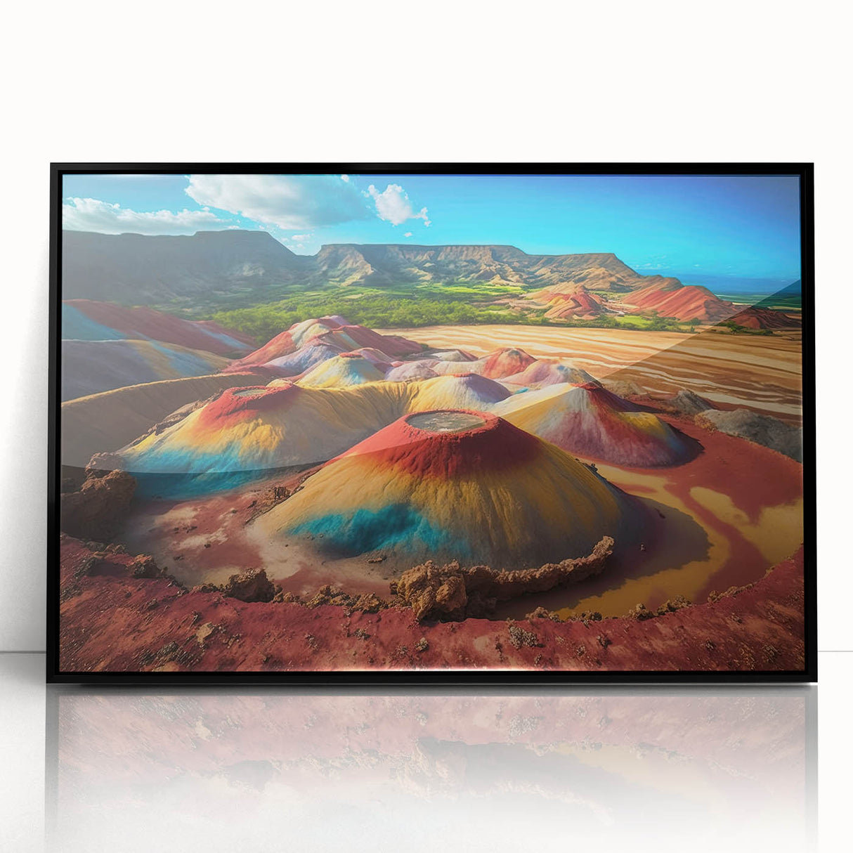 Large abstract wall art depicting a Mauritian landscape in vibrant colors on a framed acrylic.