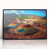 Large abstract wall art depicting a Mauritian landscape in vibrant colors on a framed acrylic.