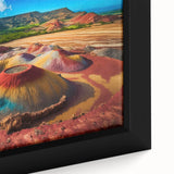 Extra large framed canvas featuring a textured, colorful African scenery on a black background.