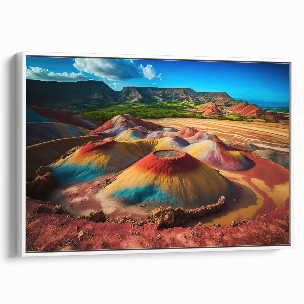 Framed canvas featuring a serene Mauritius landscape in muted earth tones, ideal for bedroom wall art.