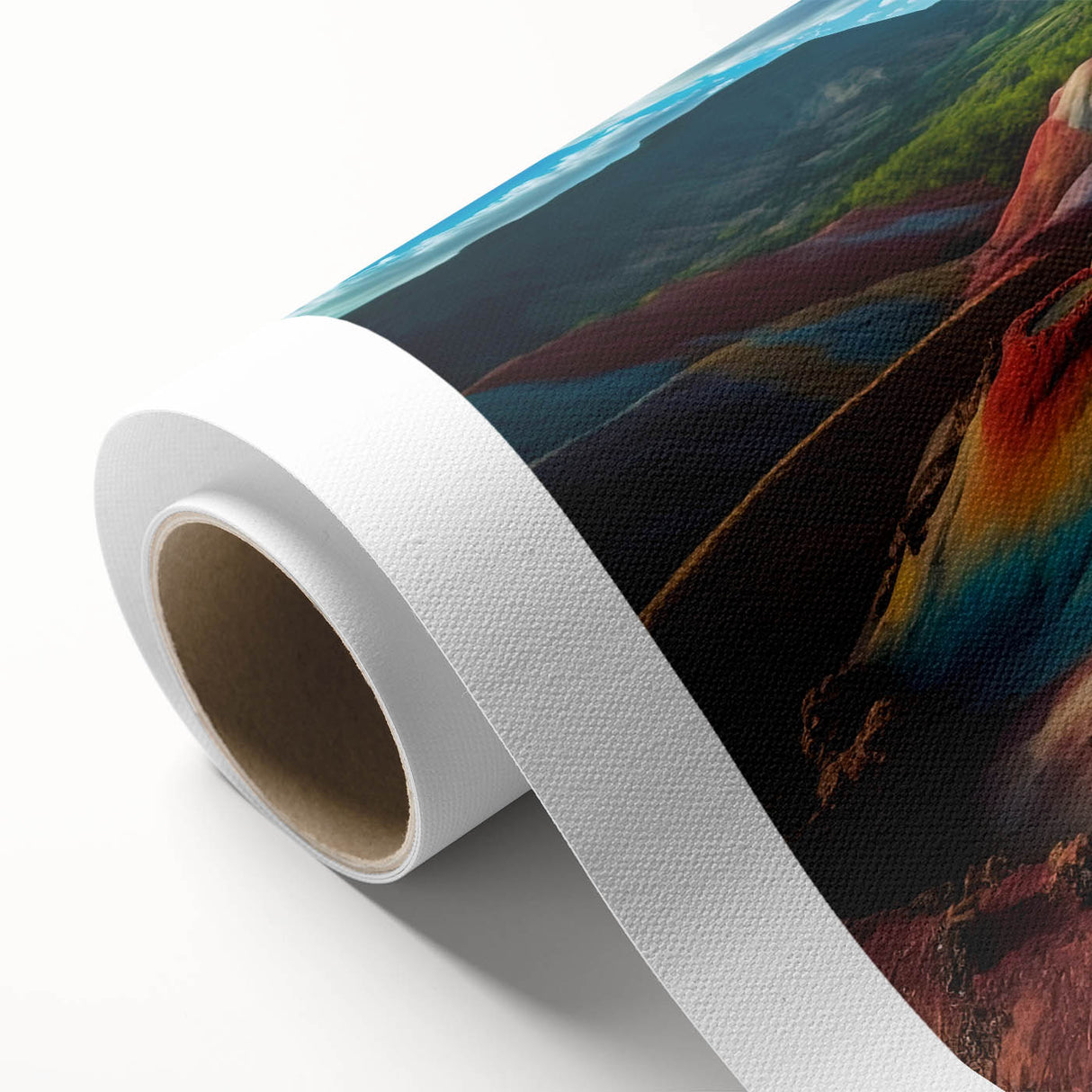Art deco poster of a Mauritian landscape with vibrant green and blue tones on rolled canvas, ideal for nursery wall art.