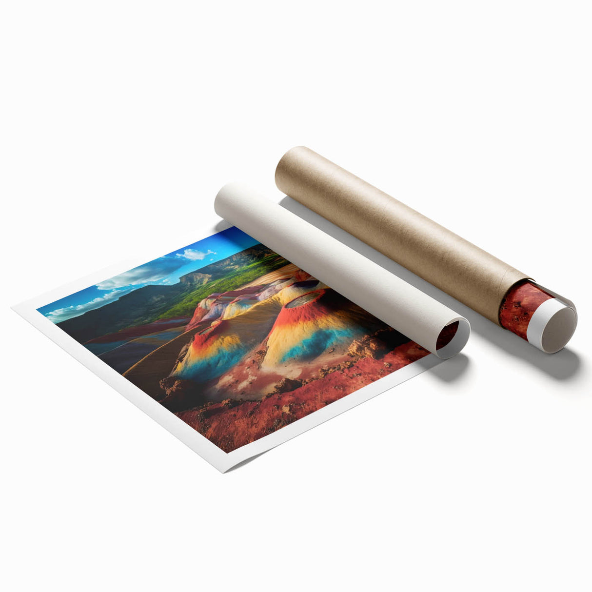 Extra large rolled print of a Mauritian landscape with lush greenery and vibrant flowers, ideal for classy bathroom wall art.