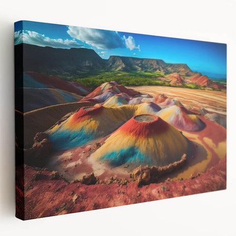 A stretched canvas print of a Mauritius landscape with vibrant green and blue tones, ideal for kitchen wall art.