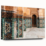Large abstract wall art featuring vibrant Moroccan scenery on acrylic glass, suitable for bedroom or dining room decor.