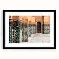 Extra large, colorful abstract art print of Moroccan scenery in vibrant hues on a textured canvas, framed in black.