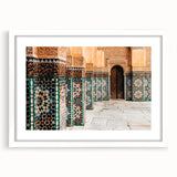 Extra large abstract art print of Moroccan scenery in textured style, with vibrant earth tones on a white matted frame.
