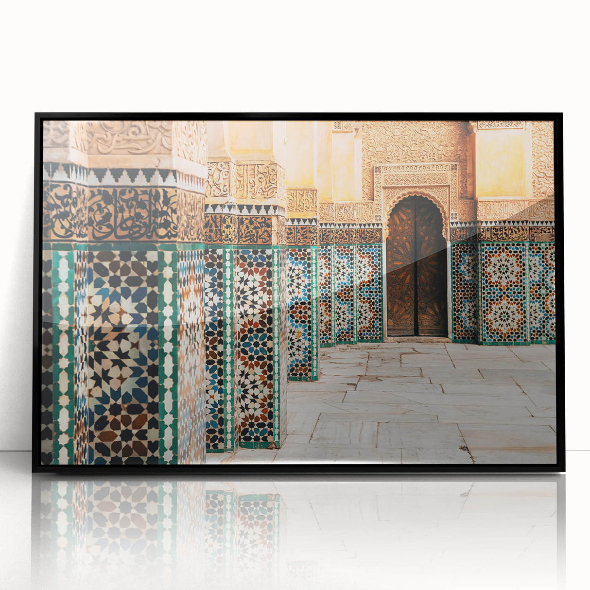 Large abstract wall art depicting a Moroccan landscape in muted earth tones on a framed acrylic.