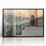Large abstract wall art depicting a Moroccan landscape in muted earth tones on a framed acrylic.