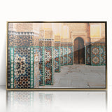 Mid-century modernist art depicting a Moroccan landscape in warm earth tones on a framed acrylic panel.