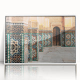 Large art print of a Moroccan landscape in muted earth tones on a white framed acrylic, suitable for modern art wall decor.