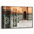 Black and white landscape art painting of Moroccan scenery on framed canvas, suitable for bedroom decor.
