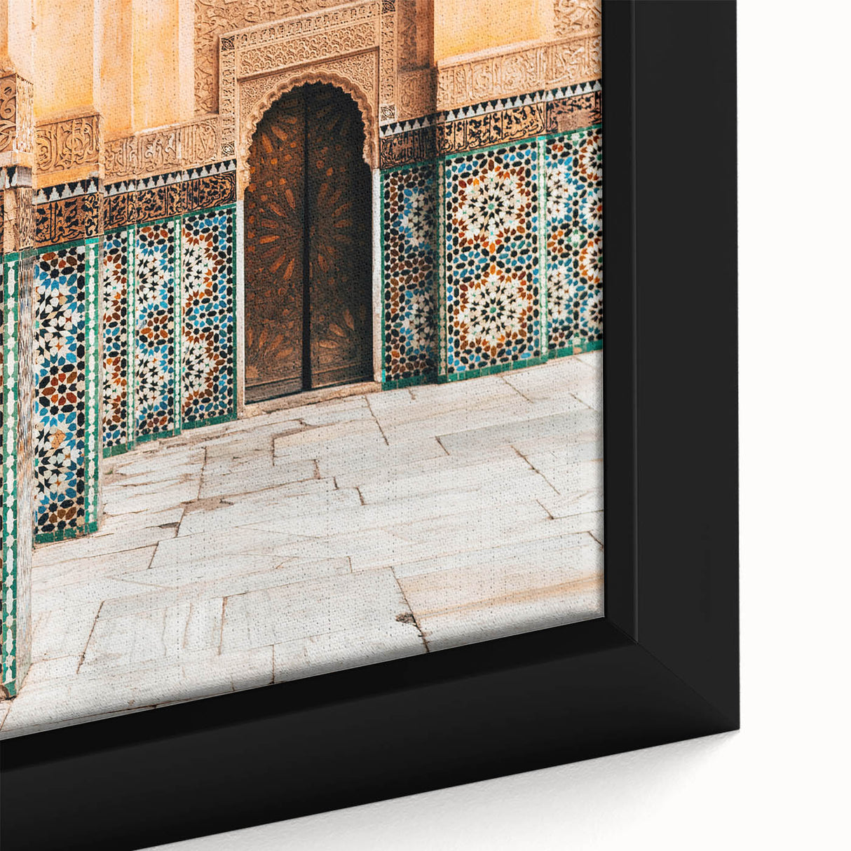 Extra large black wall art featuring a textured, colorful Moroccan landscape on framed canvas, ideal for living room decor.