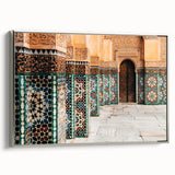 Vintage poster art of a Moroccan landscape in vibrant colors on extra large framed canvas, ideal for living room decor.