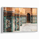 Framed canvas of a vintage-style Moroccan landscape in muted earth tones, ideal for bedroom wall art.