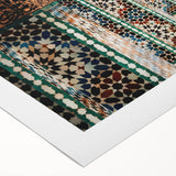 Art deco poster of a Moroccan landscape in muted earth tones on rolled canvas, suitable for dining room decor.