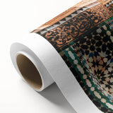 Art deco poster of a Moroccan landscape in muted earth tones on rolled canvas.