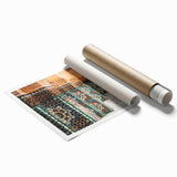 Extra large rolled print of Moroccan scenery with vivid floral elements in pastel shades.