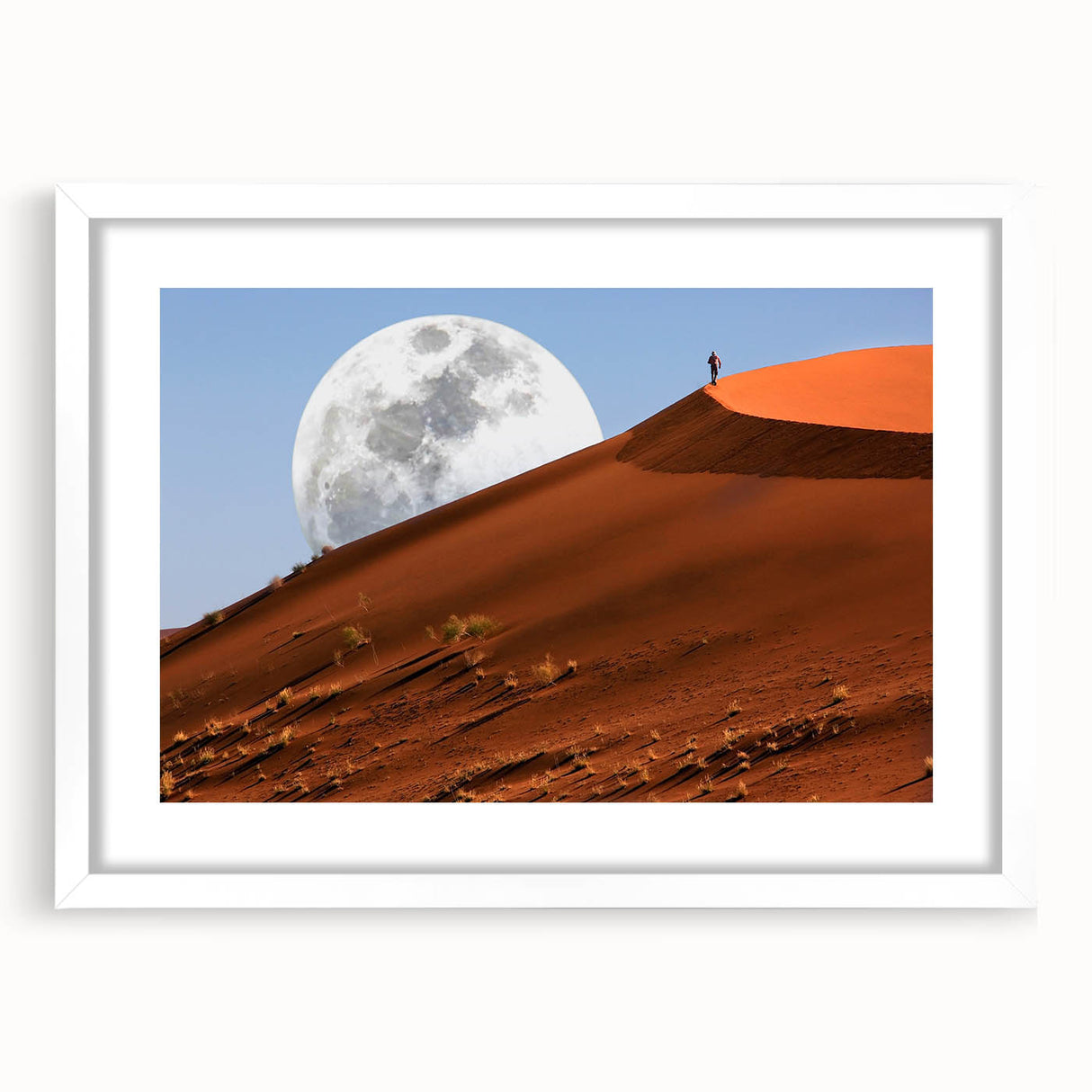 Extra large abstract art print of African scenery in muted earth tones on a framed canvas, ideal for living room decor.