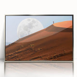 Acrylic print of a Namibian landscape in silver frame, featuring muted earth tones, ideal for modern art wall decor.