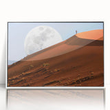 Large art print of a Namibian landscape on white-framed acrylic, featuring mid-century modernist style.