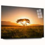 Large abstract wall art of an African landscape in muted earth tones on acrylic glass.