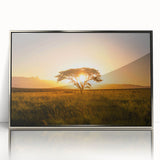 Mid-century modernist art depicting a South African scenery in muted earth tones on a framed acrylic print.