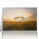 Art deco poster of an African landscape in muted earth tones on framed acrylic, ideal for modern nursery wall art.