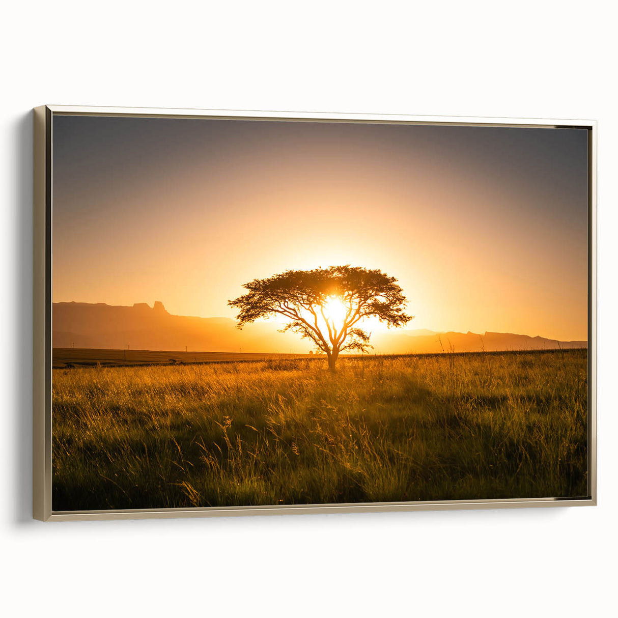 Framed canvas depicting a vintage-style African landscape in muted earth tones, ideal for bedroom wall art.