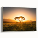 Framed canvas landscape art painting depicting a colorful African savannah scene, ideal for living room decor.