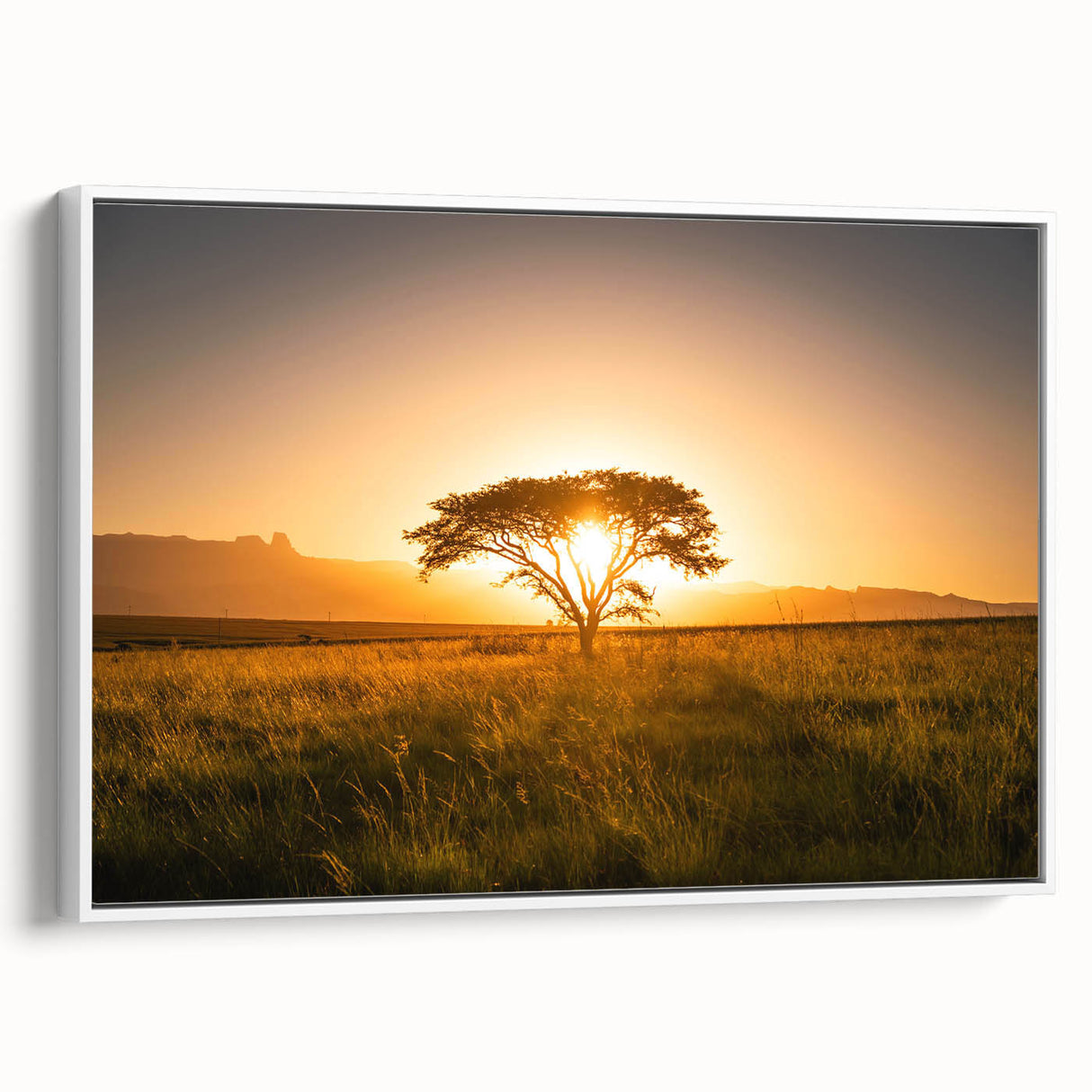 Vintage poster art of a colorful African landscape on extra large framed canvas, ideal for living room decor.
