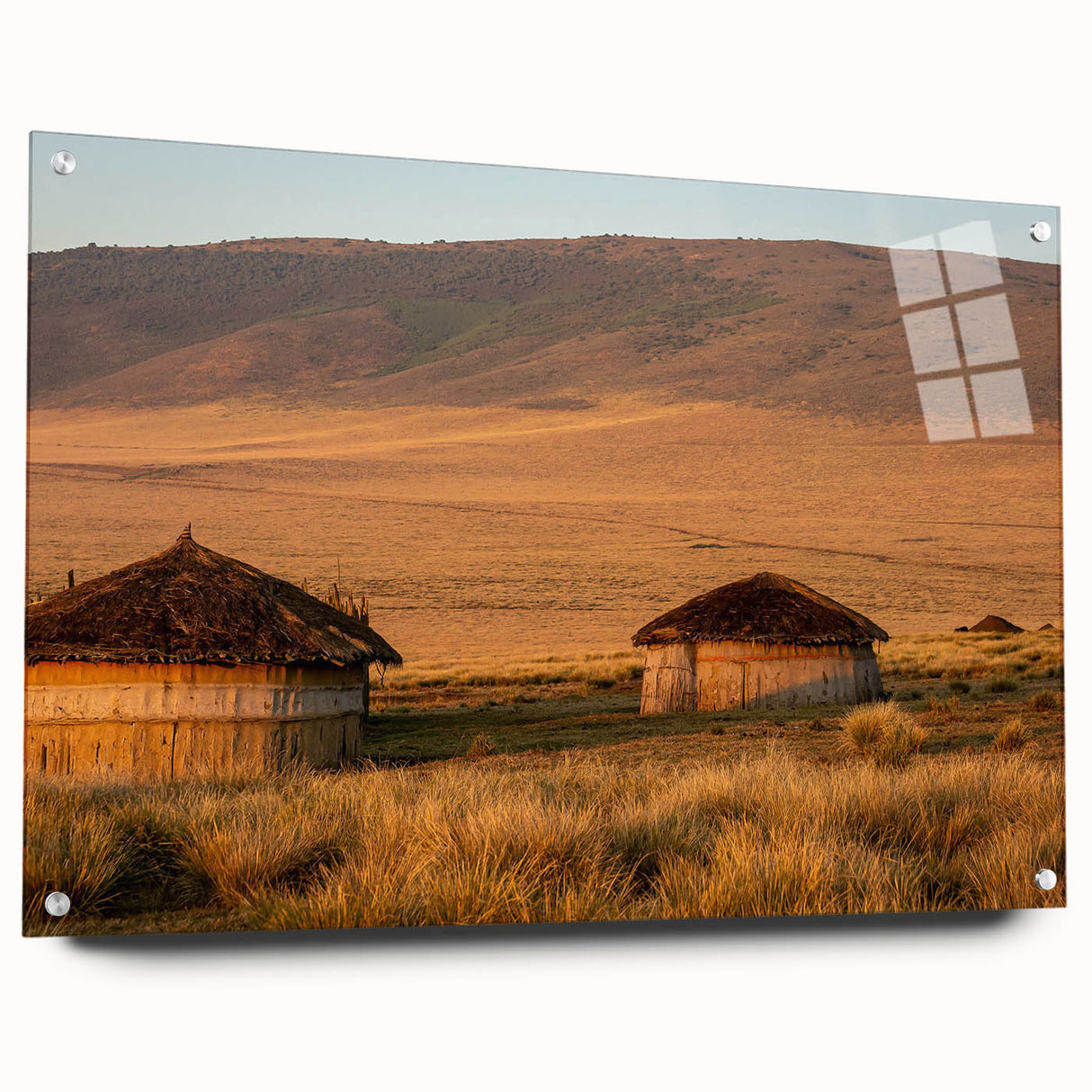 Large abstract wall art of Tanzania scenery in muted earth tones on acrylic glass, suitable for bedroom or dining room decor.