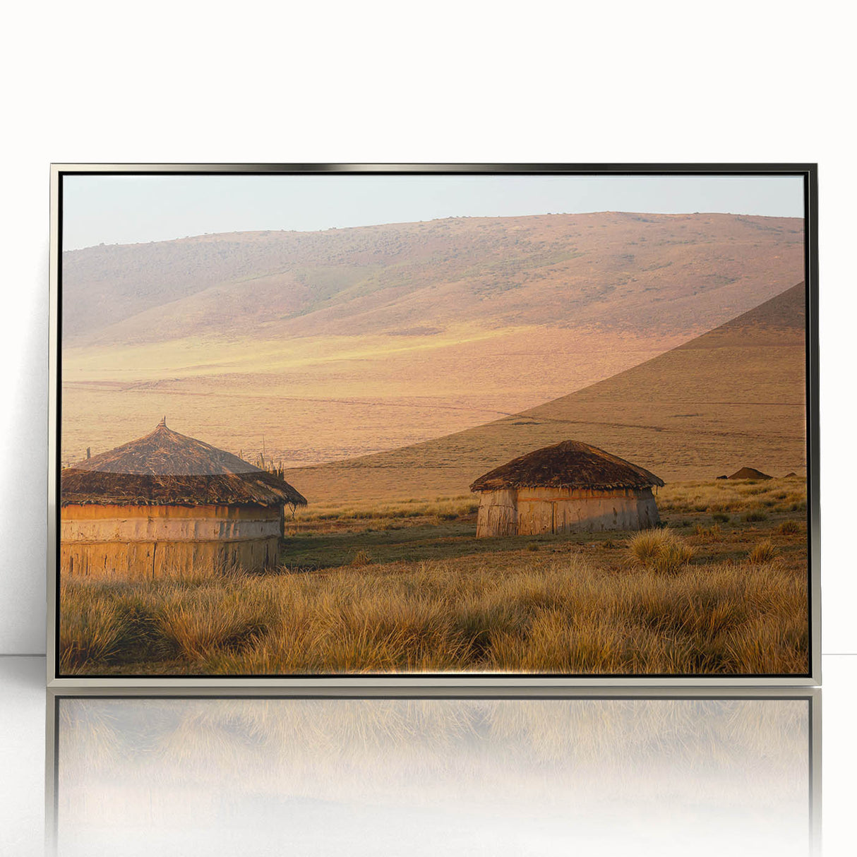 Mid-century modernist art depicting a Tanzanian landscape in muted earth tones on a framed acrylic.