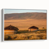 Vintage poster art of a Tanzanian landscape on framed canvas, featuring vibrant colors, ideal for living room decor.