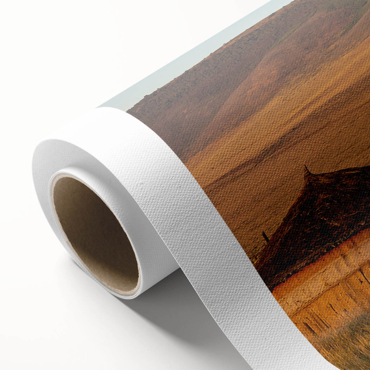 Art deco poster of Tanzania scenery in muted earth tones on rolled canvas, ideal for nursery wall art.